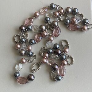 Long faux Pearl, crystals, links, necklace.